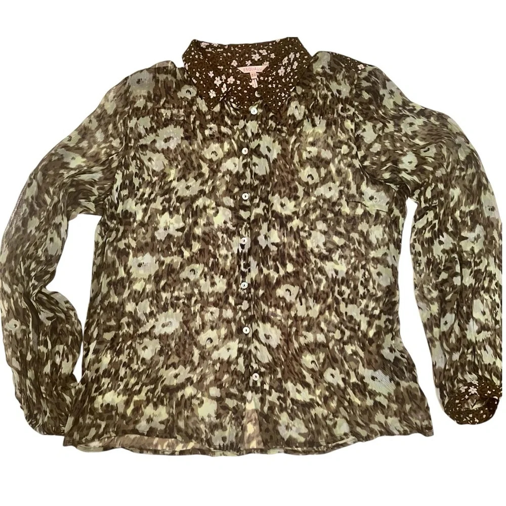 Esqualo Size 8 Sheer Button-Down Blouse Abstract Floral‎ Print Contrast Collar